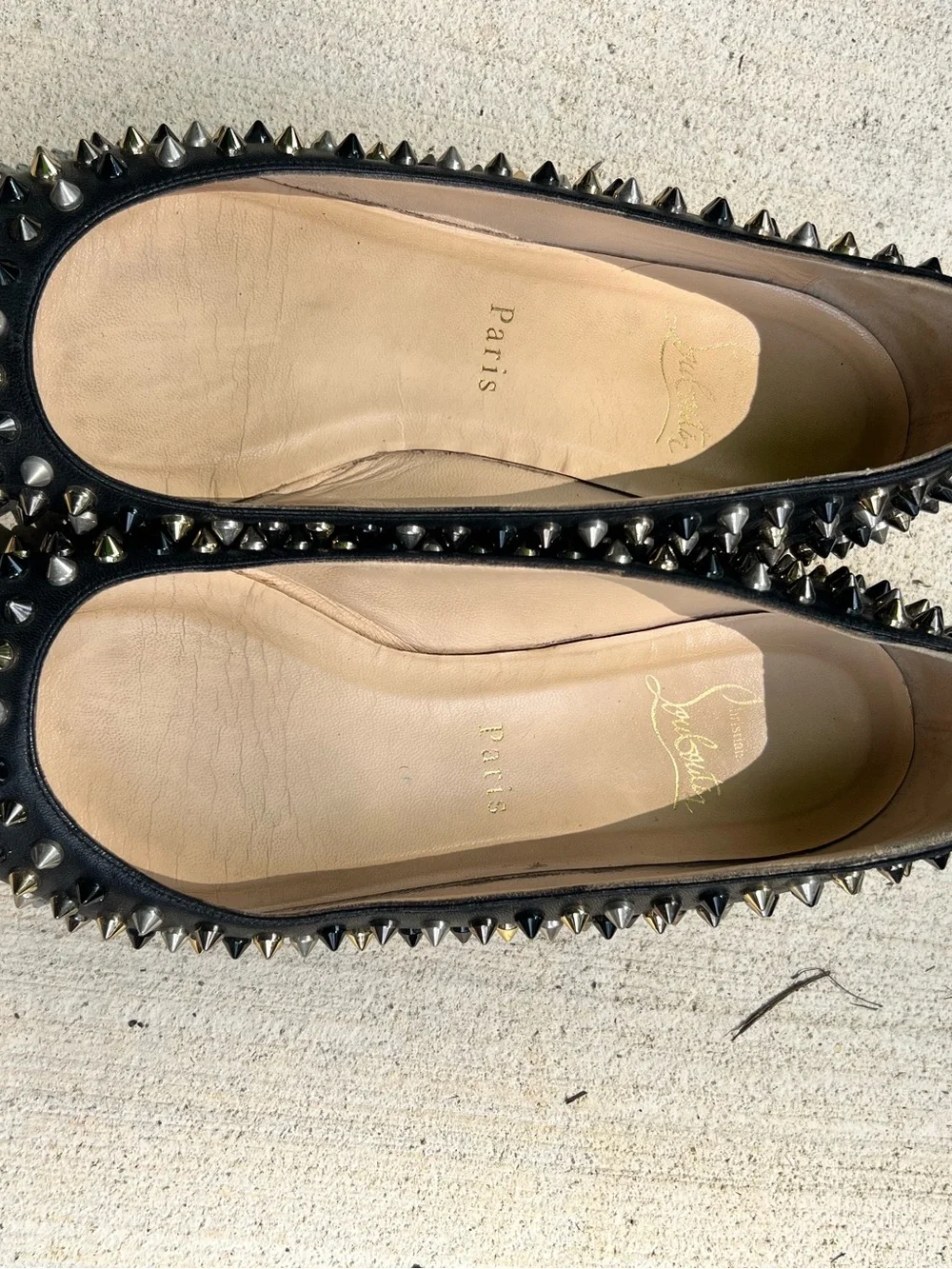 Christian Louboutin Black Studded Pointed Flats with Red Soles